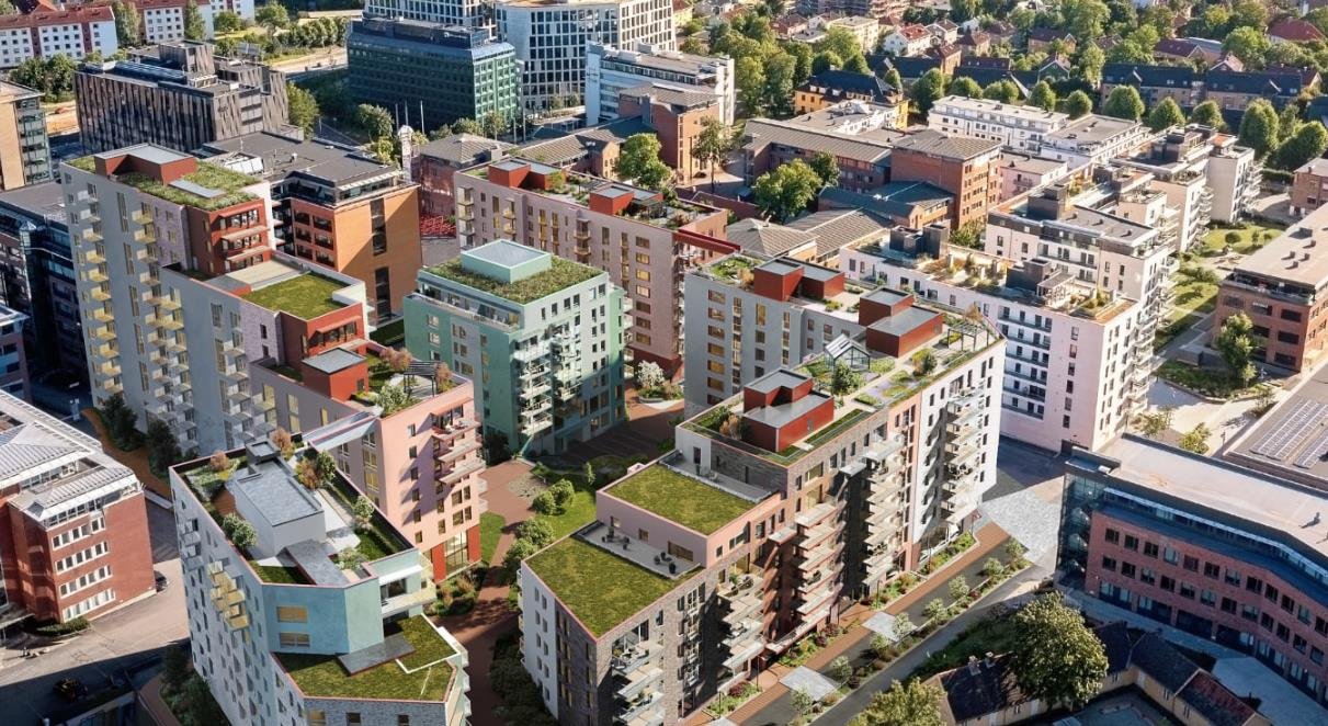 Oversiktsillustrasjon av Grønvollkvartalet og den nye bebyggelsen på Helsfyr